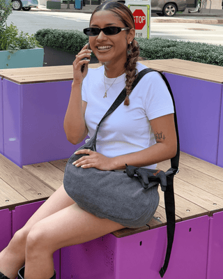 BAGGU - BAGGU Medium Denim Crescent Bag - Washed Black Denim - COLORPOP