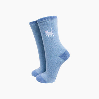 Ullsokker med Brodert Hvit Katt Str. 36-40