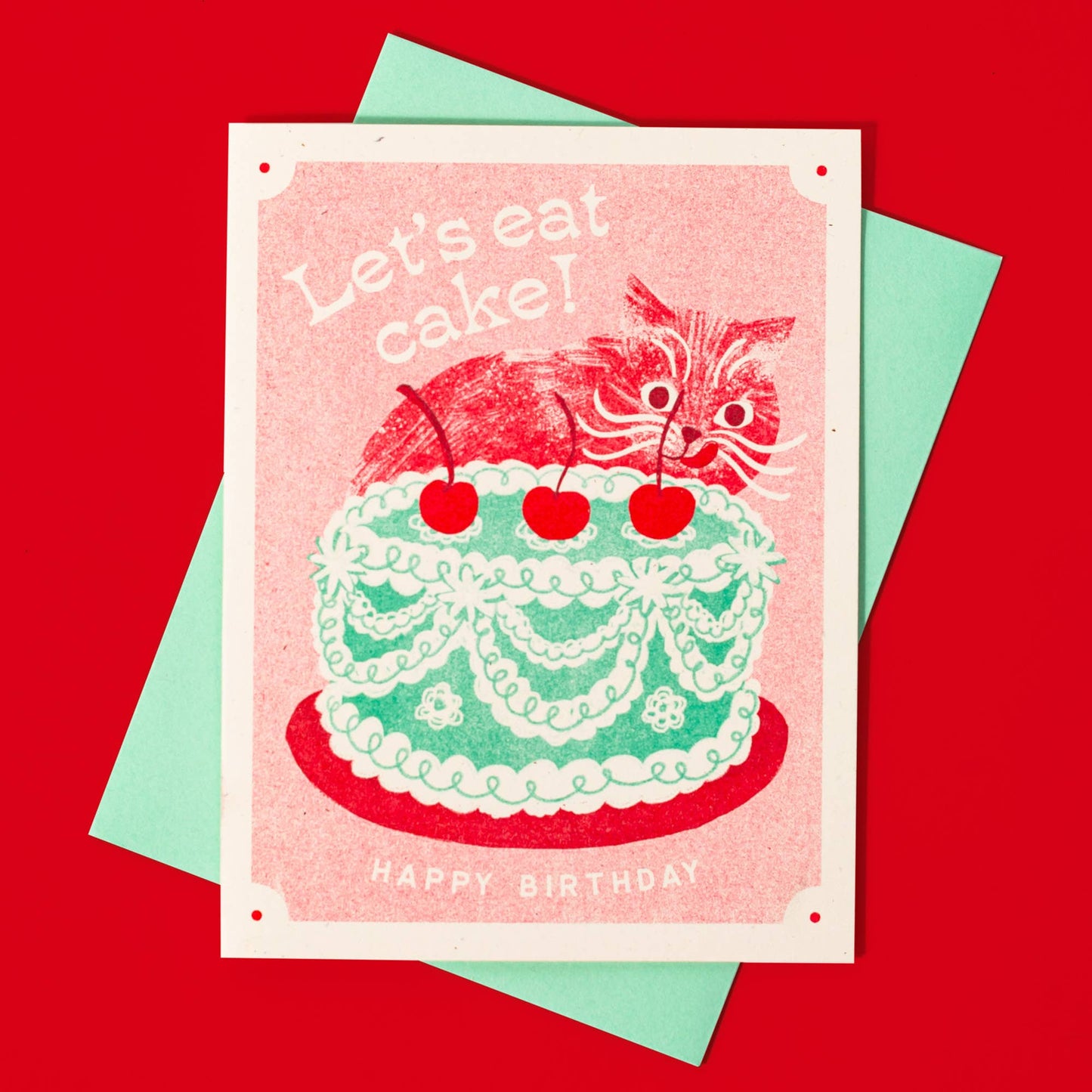 Let's Eat Cake Cat - Risograf Bursdagskort