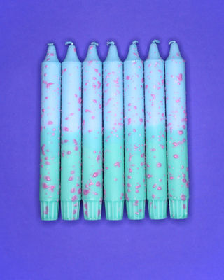 Kronelys - Blå og Mint med Rosa Konfetti