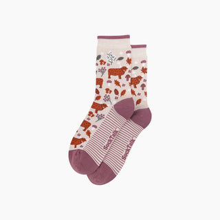 Bambussokker Ku med blomster Krem Str. 36-40