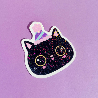 Party Hat Cat Klistremerke Glitter