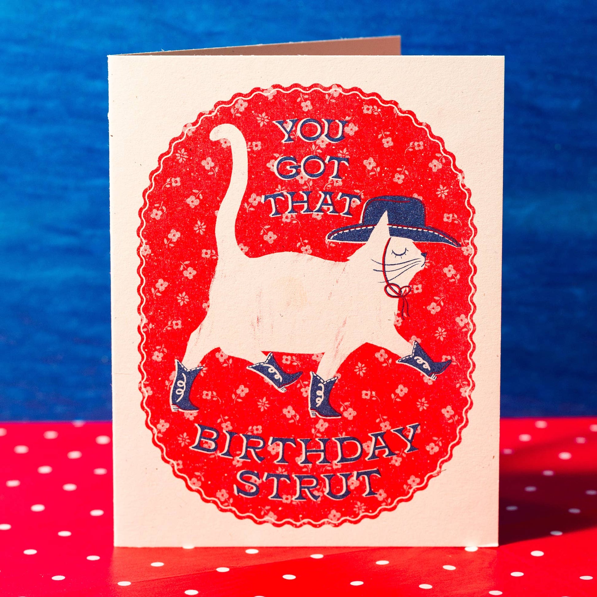 Birthday Strut - Risograf Kort av en katt 