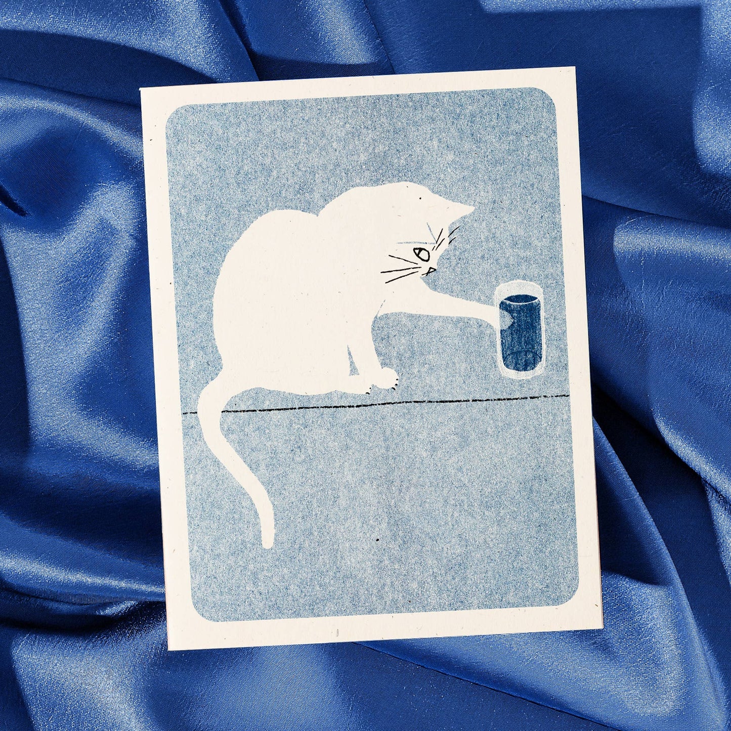 Cat and Water Glass - Risograf Kort