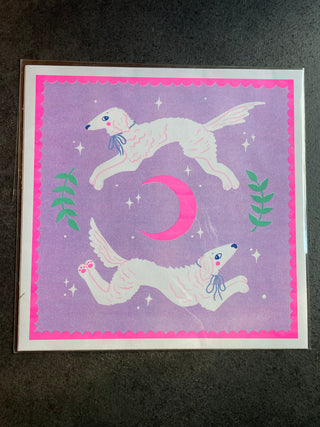 Leaping Borzois Risograph Print