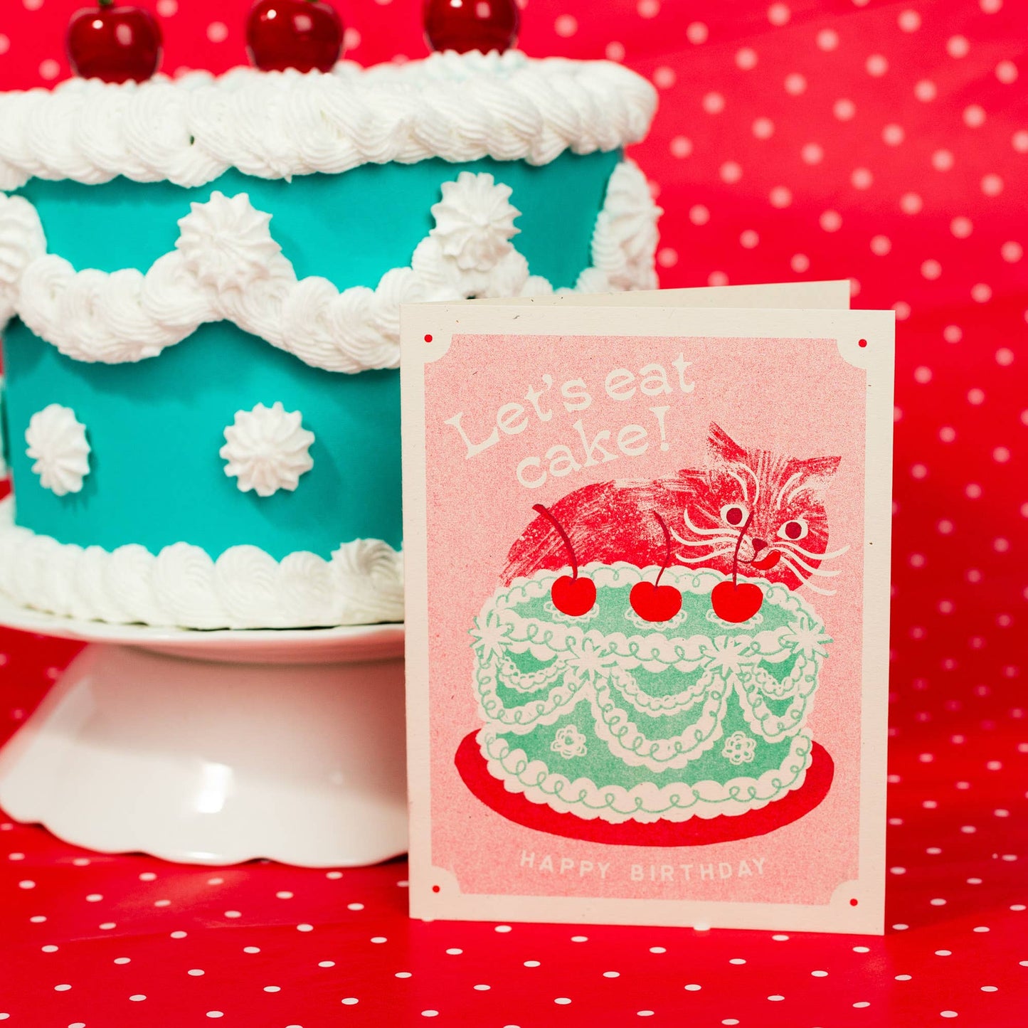 Let's Eat Cake Cat - Risograf Bursdagskort