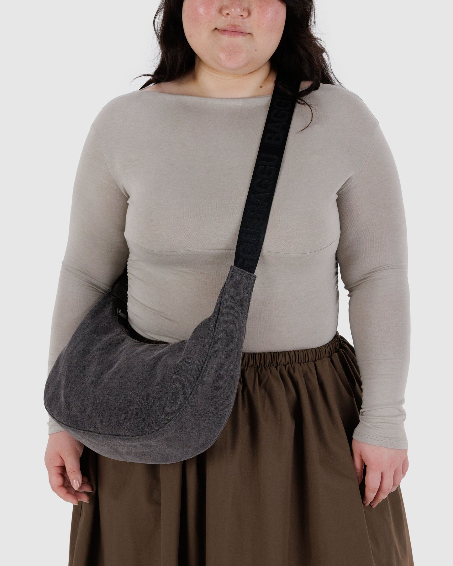BAGGU Medium Denim Crescent Bag - Washed Black Denim