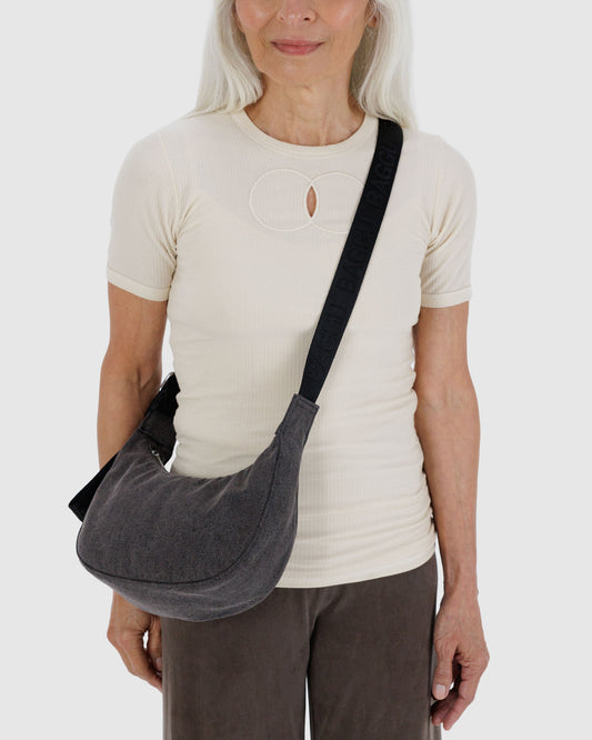 BAGGU Small Denim Crescent Bag - Washed Black Denim