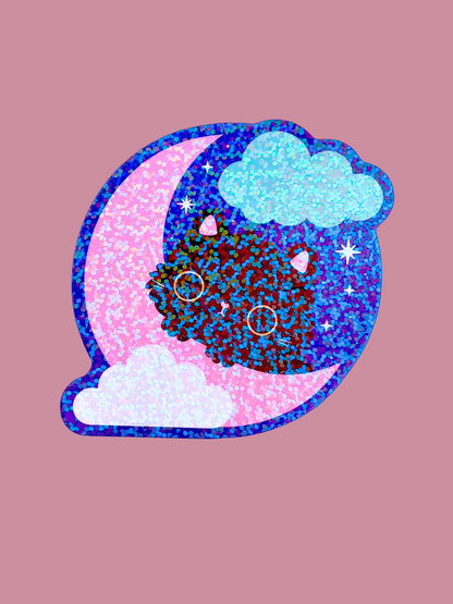 Celestial Moon Cat Klistremerke Glitter