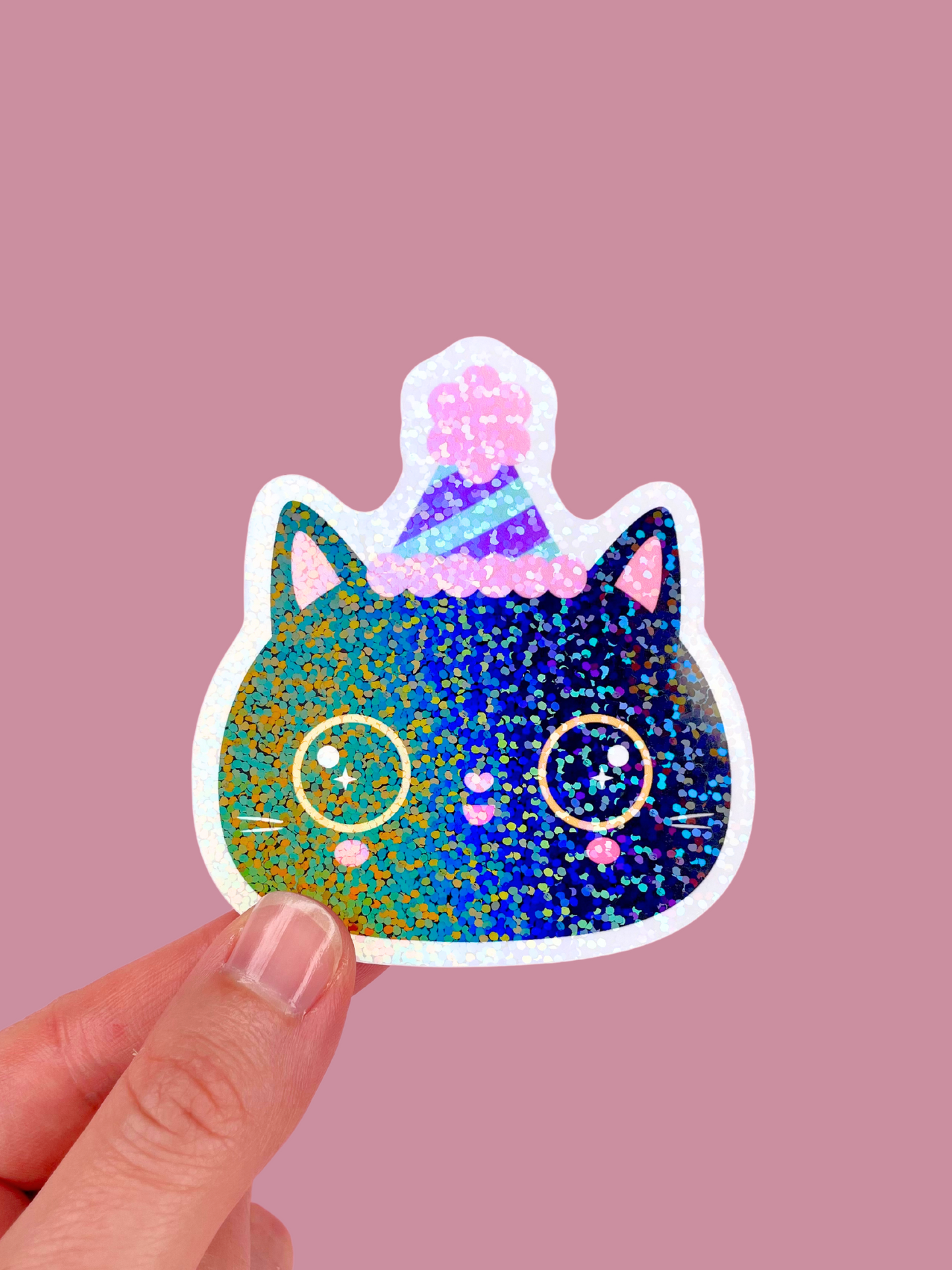 Party Hat Cat Klistremerke Glitter