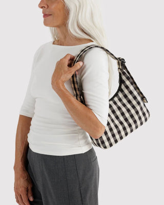 BAGGU - BAGGU Mini Nylon Shoulder Bag - Black And Cream Gingham - COLORPOP