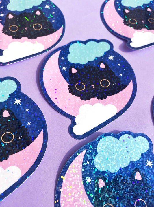 Celestial Moon Cat Klistremerke Glitter