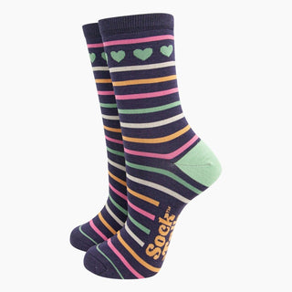 COLORPOP - Bambussokker Marineblå Hjerter og Striper Str. 36 - 40 - COLORPOP
