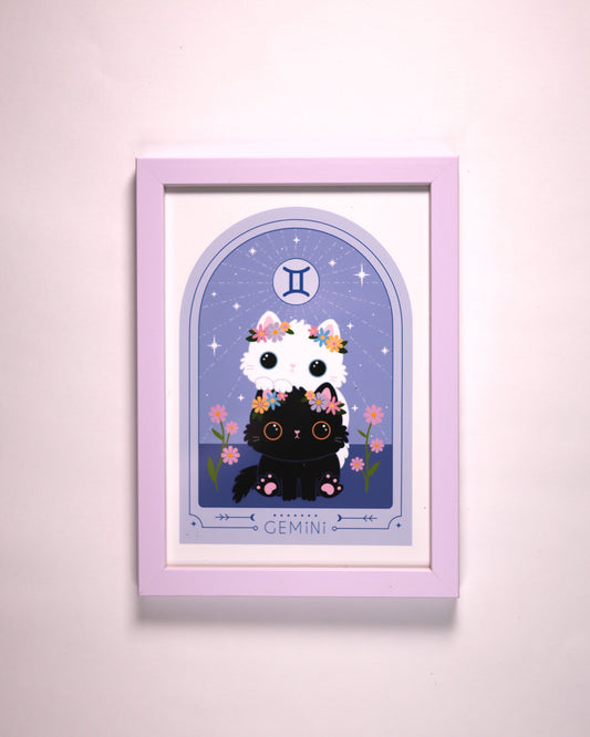 Innrammet Zodiac Kitty Art Print A5 - Gemini