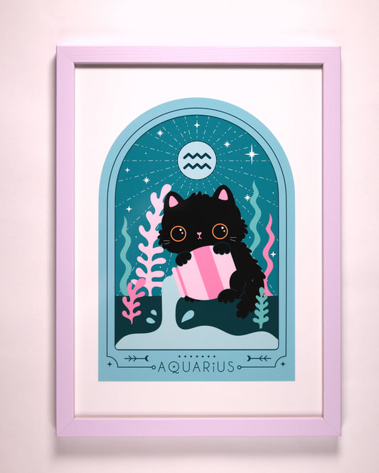 Innrammet Zodiac Kitty Art Print A5 - Aquarius