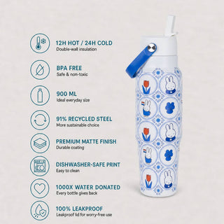 IZY Bottles - IZY Drikkeflaske med Sugerør - Delft Fliser Miffy - 900ml - COLORPOP