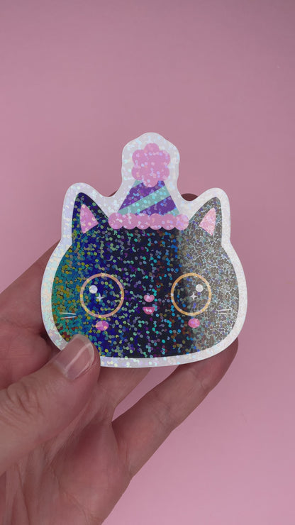 Party Hat Cat Klistremerke Glitter