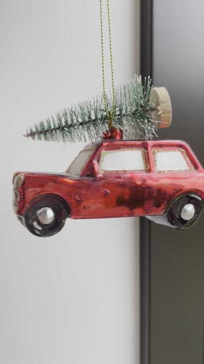 Julepynt i glass - Bil med tre på taket