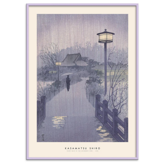 Kasamatsu Shiro - Night Rain at Shinobazu Pond 30 x 40 cm Innrammet