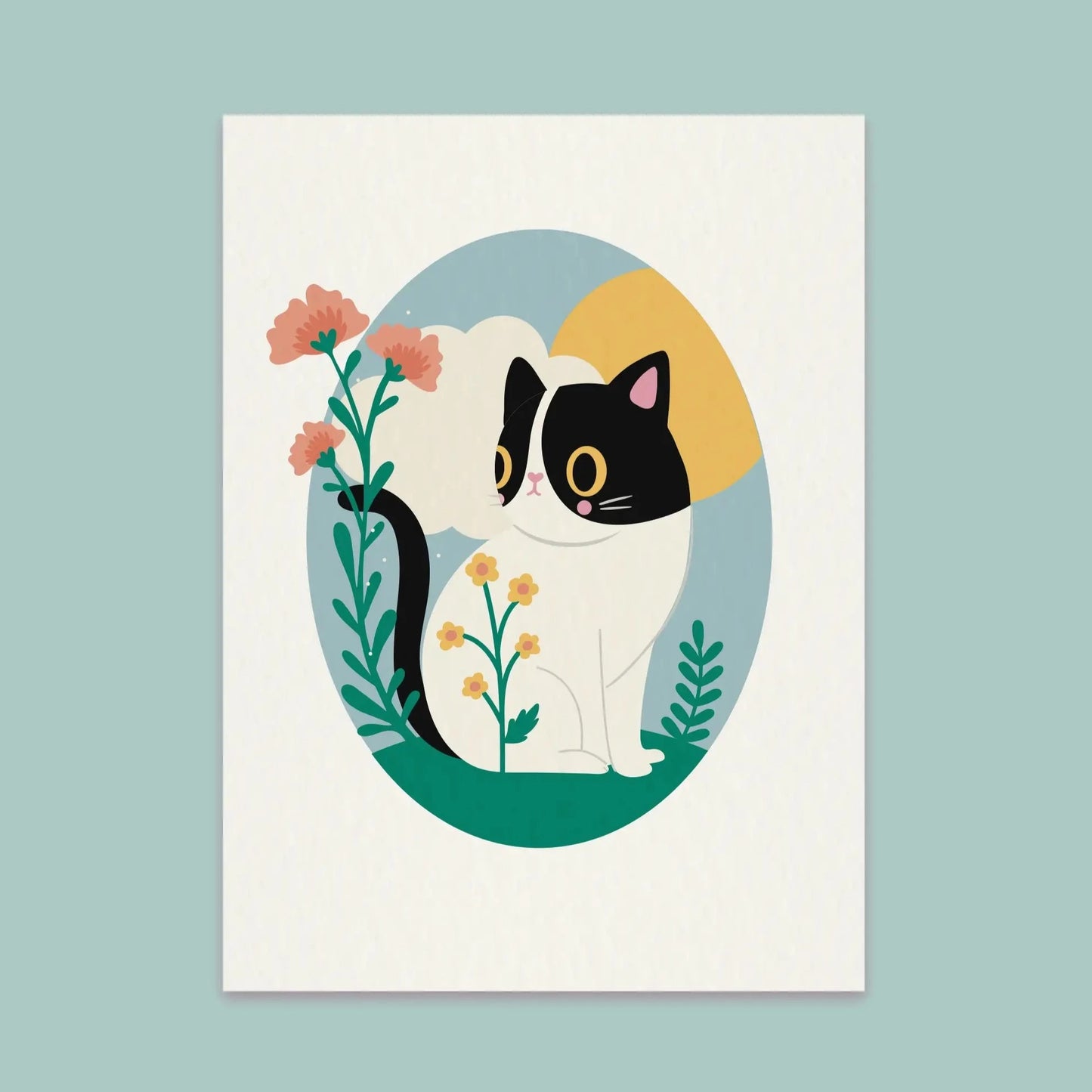 Paper Cat Club - Wildflower Cat Print Springtime - Velg farge på katten - Svart & hvit katt - COLORPOP