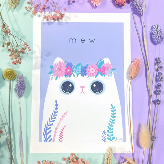 Fox & Fauna - Mew White Flower Cat Giclée Art Print A4 - COLORPOP